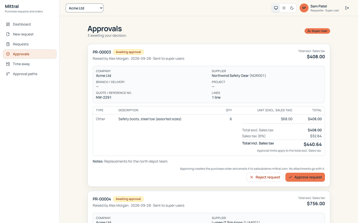 The Approvals page in Mittral: three requests awaiting a decision, each with its supplier, lines, tax and total, and Approve request and Reject request buttons.