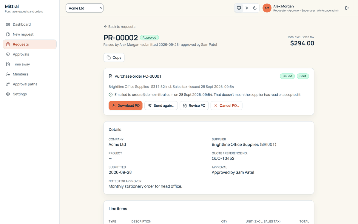 A purchase request in Mittral for Acme Ltd, approved by Sam Patel. Its purchase order, PO-00001, is shown as issued and sent, emailed to the supplier, with Download PO, Send again, Revise PO and Cancel PO buttons.